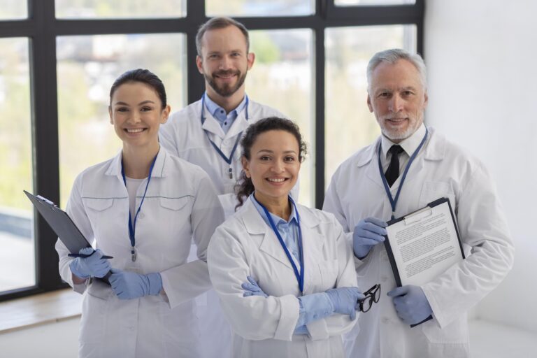 cientistas-de-tiro-medio-posando-juntos